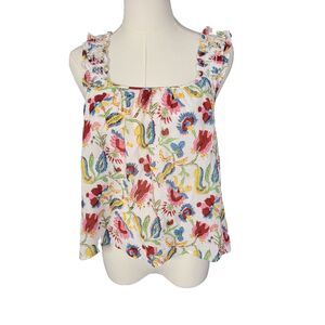 Xirena White Multicolor Floral Cotton Ruffle Strap Top XS